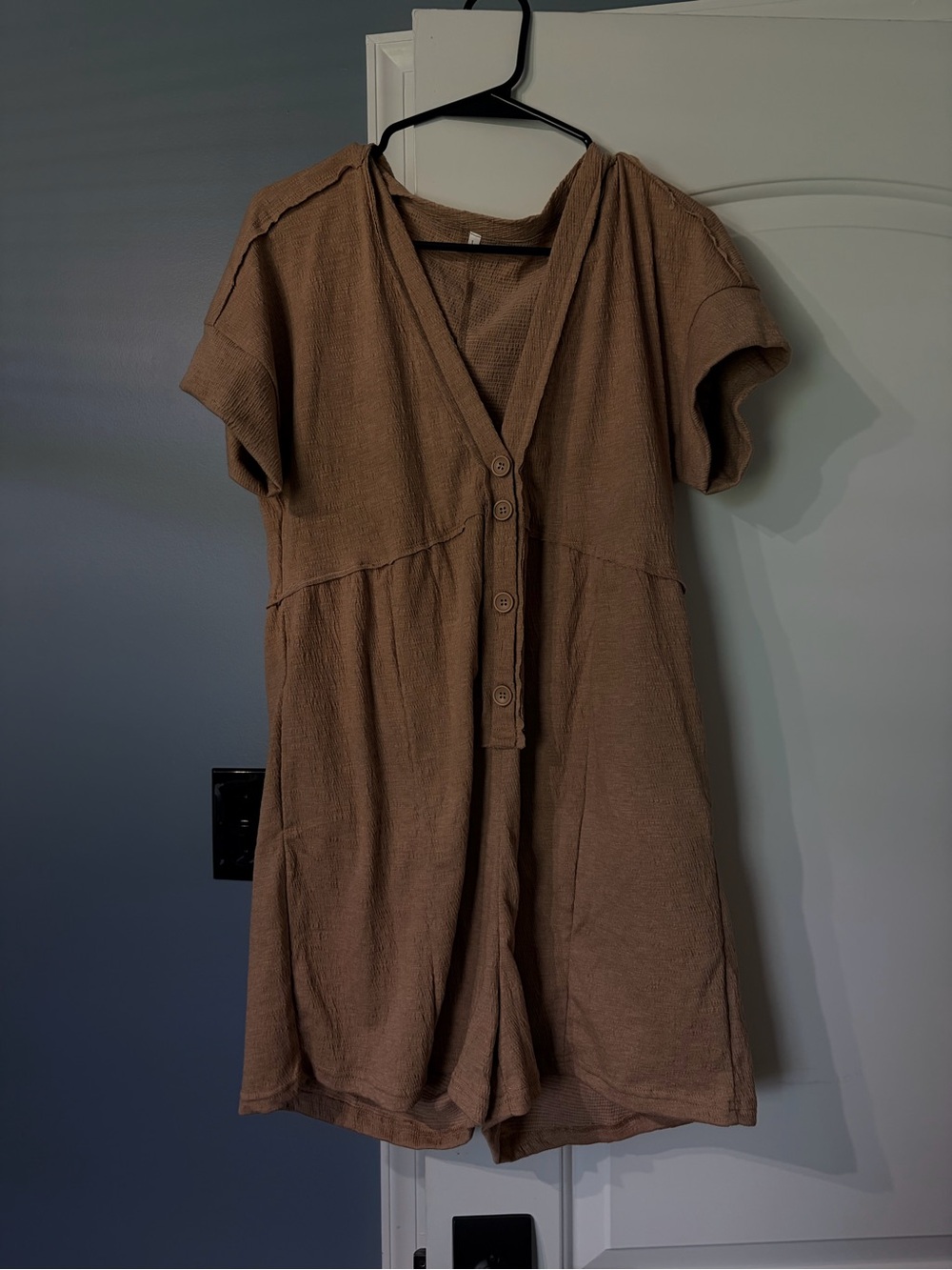 Women's Short Sleeve V-Neck Button Romper Dress - Brown